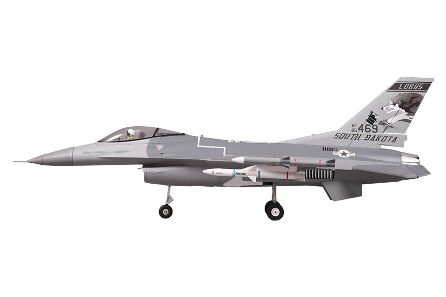 FMS 70mm F-16C Fighting Falcon RC jet in gray camouflage with missiles and "South Dakota" tail art.