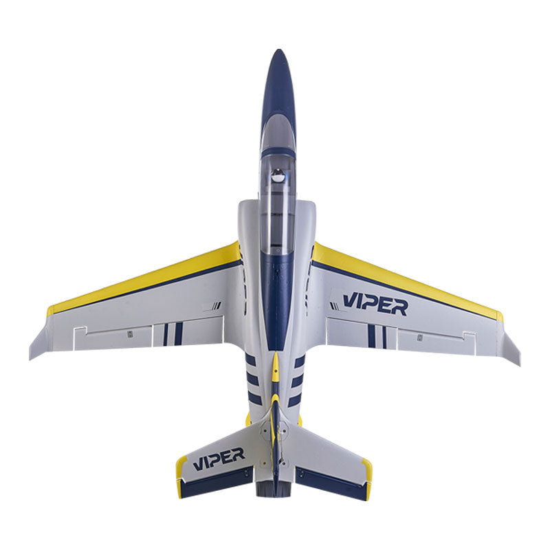 Top view of FMS 15th Anniversary 70mm Viper V2 PNP EDF jet in vibrant blue and yellow.