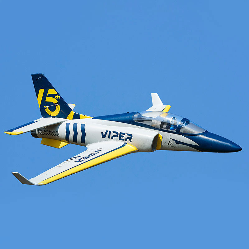 FMS 70mm Viper V2 EDF jet, 15th Anniversary Edition, white with blue and yellow accents, in flight.
