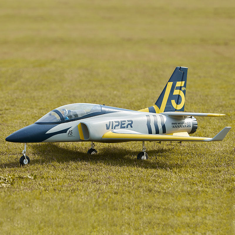 FMS 70mm Viper V2 PNP EDF jet with blue and yellow scheme on grass