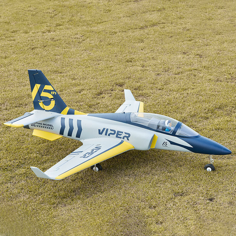 FMS 70mm Viper V2 EDF jet, 15th Anniversary Edition, with blue and yellow accents and Viper branding on grass