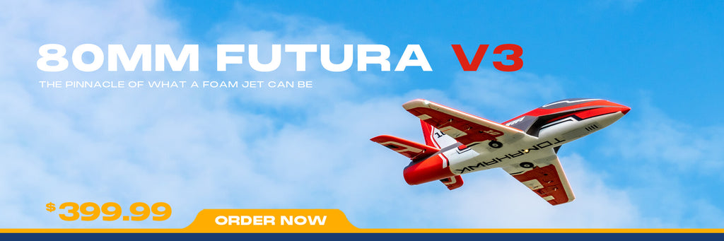 Promotional banner featuring the FMS Futura V3 soaring through a bright blue sky with wispy clouds