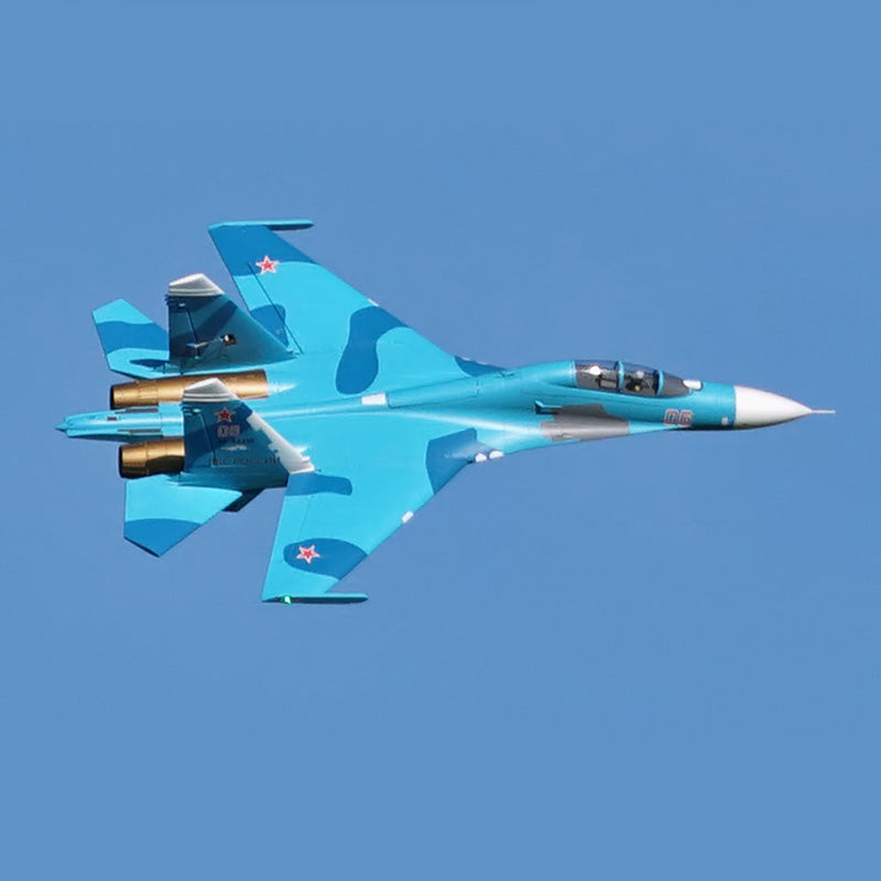 FMS Twin 70mm EDF SU-27 PNP RC jet with blue camouflage in flight