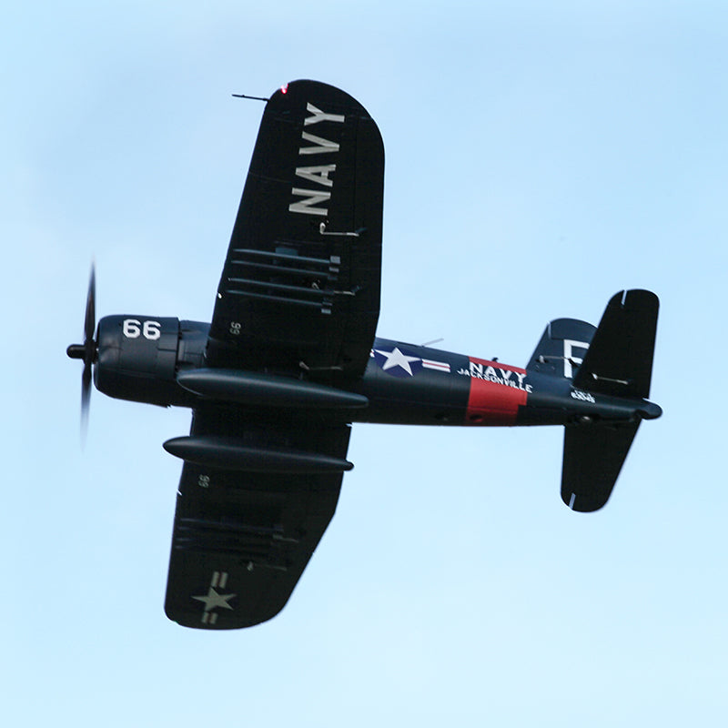 FMS 1700mm F4U Corsair V3 PNP airplane in flight, featuring 'NAVY' markings and number 66.