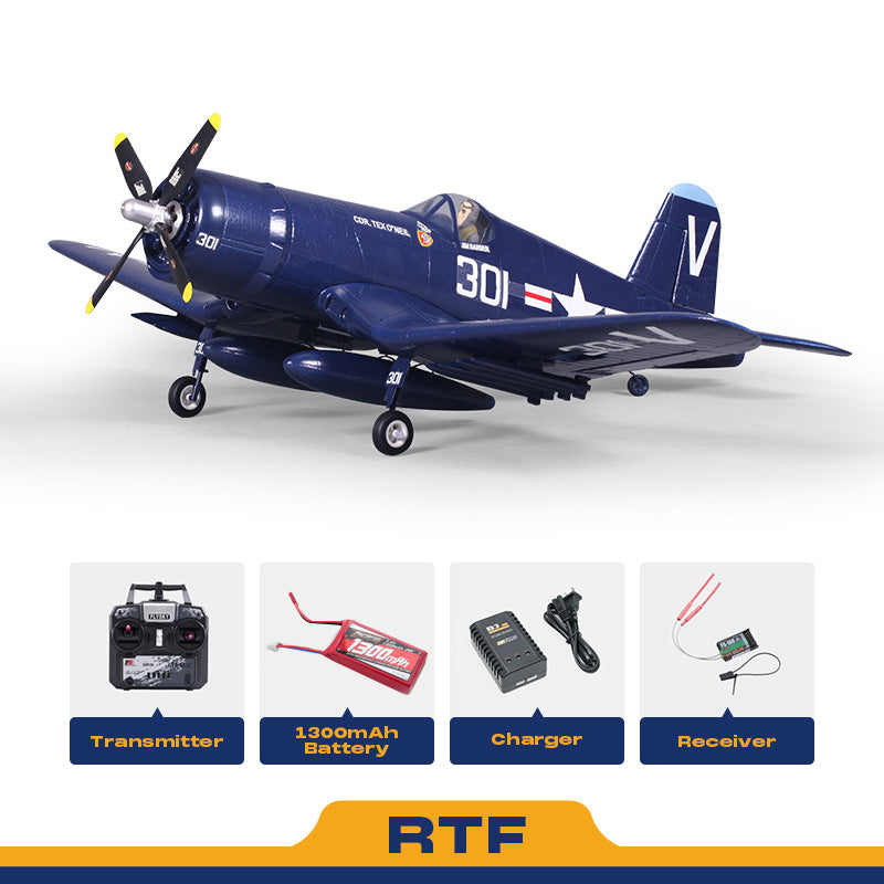 FMS 800mm F4U Corsair V2 RTF model airplane with transmitter, 1300mAh battery, charger, and receiver.