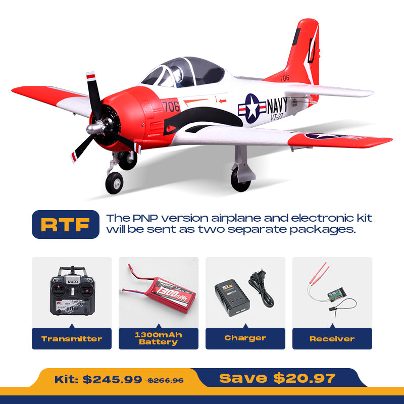 FMS 800mm T-28 Trojan V2 PNP Red model airplane with transmitter, 1300mAh battery, charger, and receiver.
