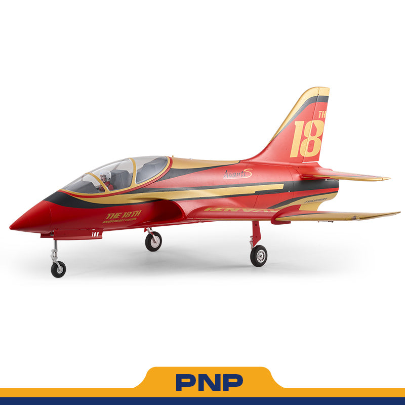 FMS 90mm Avanti EDF Jet 18th Anniversary Edition in red and gold with PNP branding.