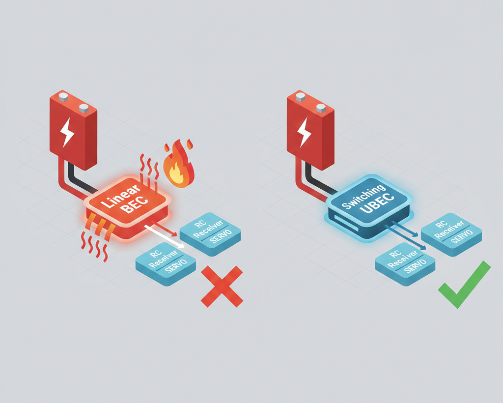 Ilustración conceptual en 3D que compara la disipación de calor de BEC lineal frente a la regulación de potencia eficiente de UBEC conmutado.