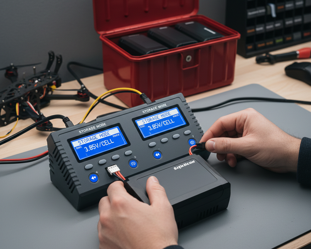 Person setting RC battery charger to storage mode at 3.85V per cell, with batteries stored in a red metal box.