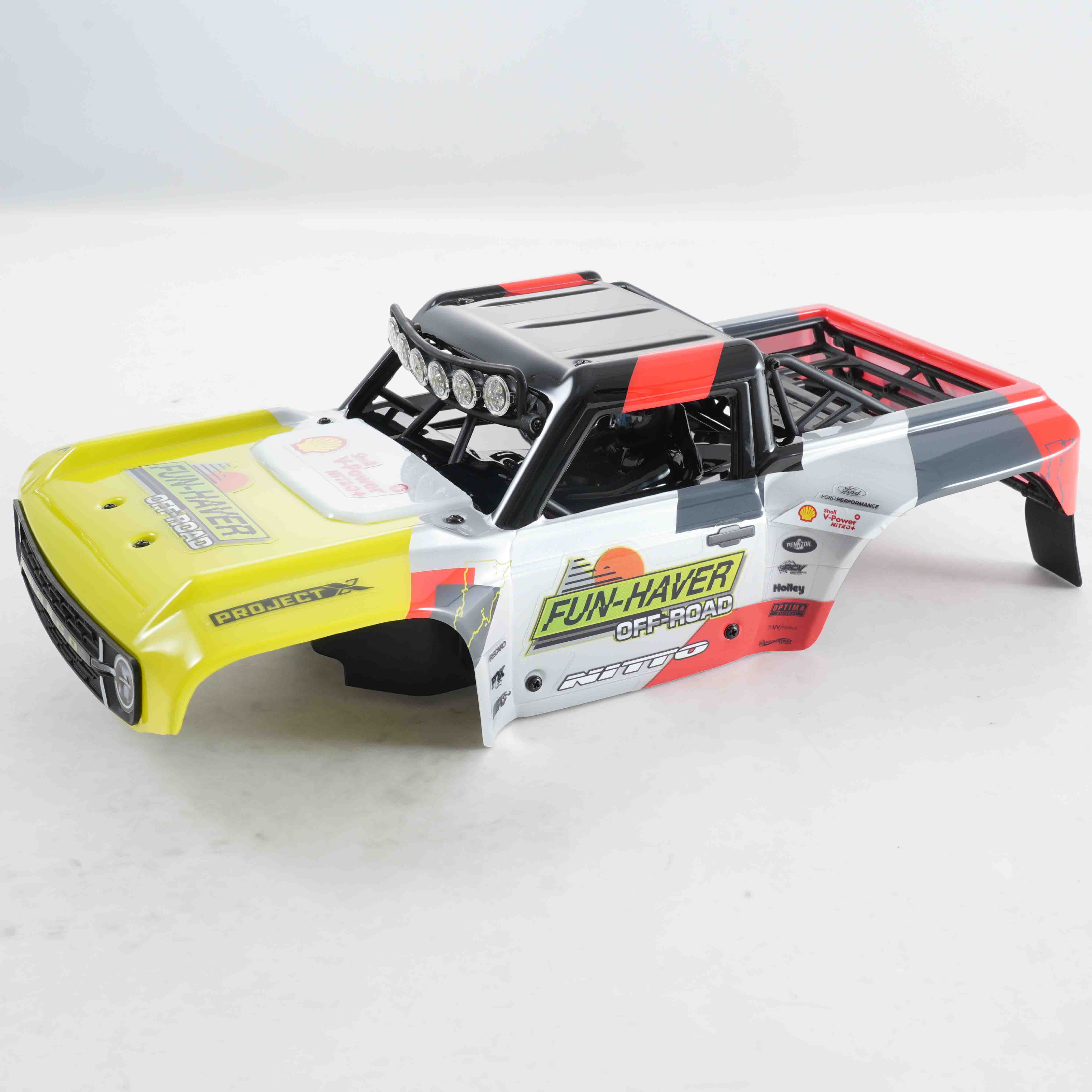 FSC18 Ford Bronco RC car body set with FUN-HAVER OFF-ROAD and Ford Performance livery.