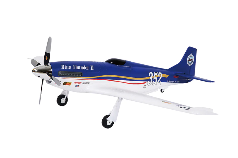 FMS 1100mm P-51 Mustang V2 PNP 'Blue Thunder II' model with number 352, blue and white scheme.
