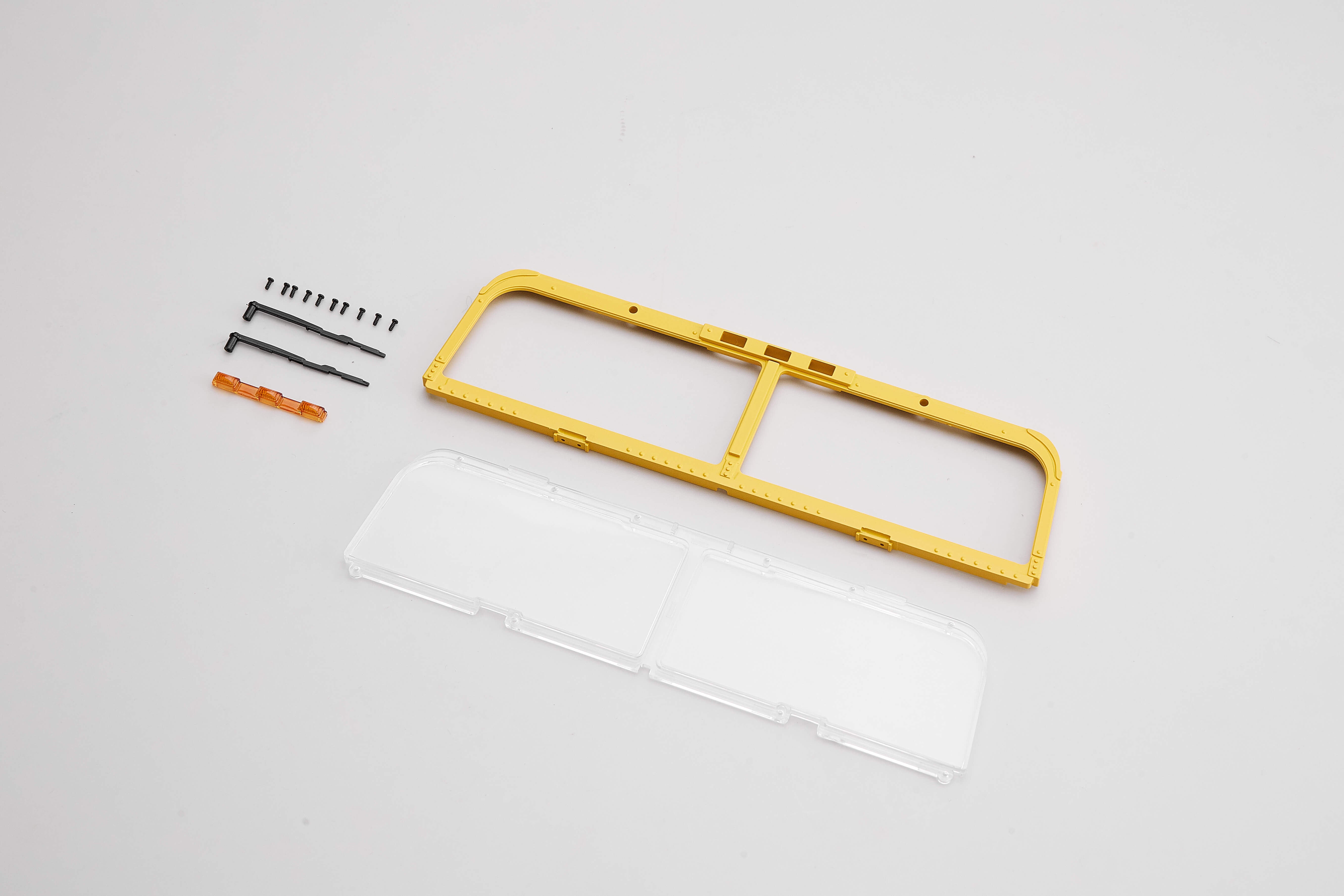 Yellow Hummer H1 front window frame with accessories and clear window pieces