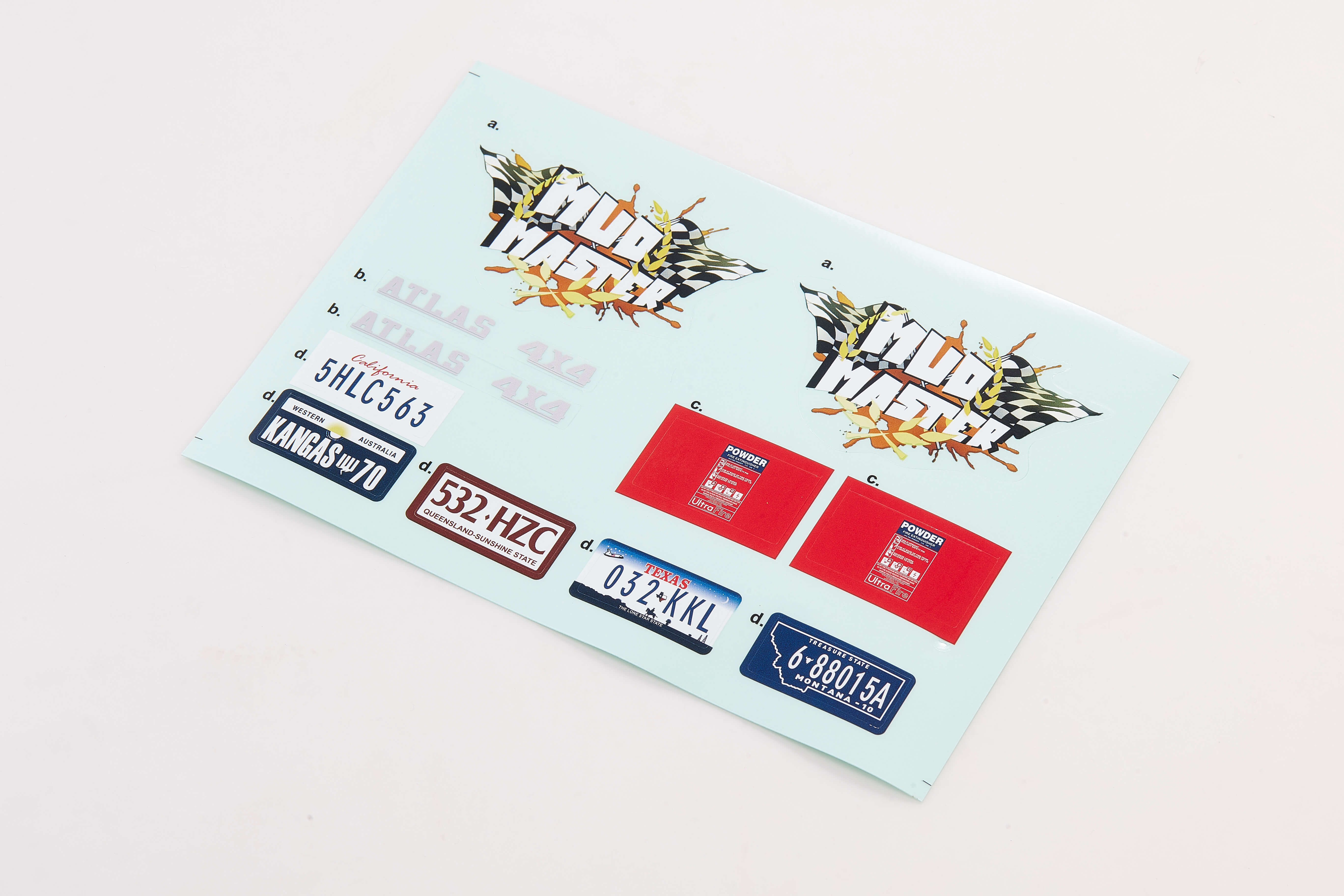 1:10 Atlas 4x4 car decal sheet with various license plate designs
