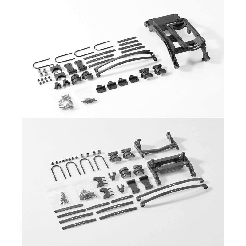 1:10 automobile leaf spring sets with various components laid out.