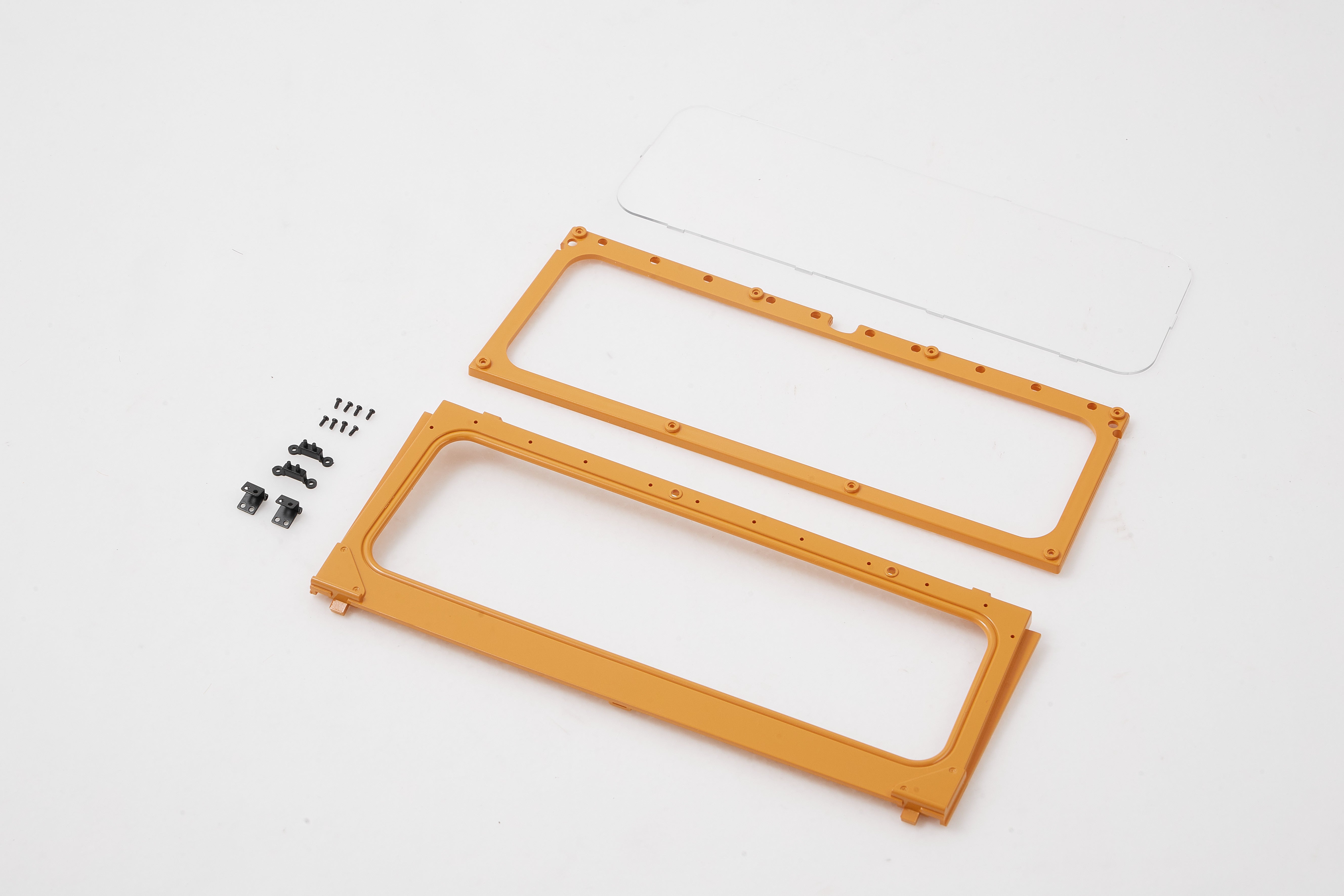 1:10 FJ40 scale model window frame kit: orange plastic frames, clear pane, screws, brackets.