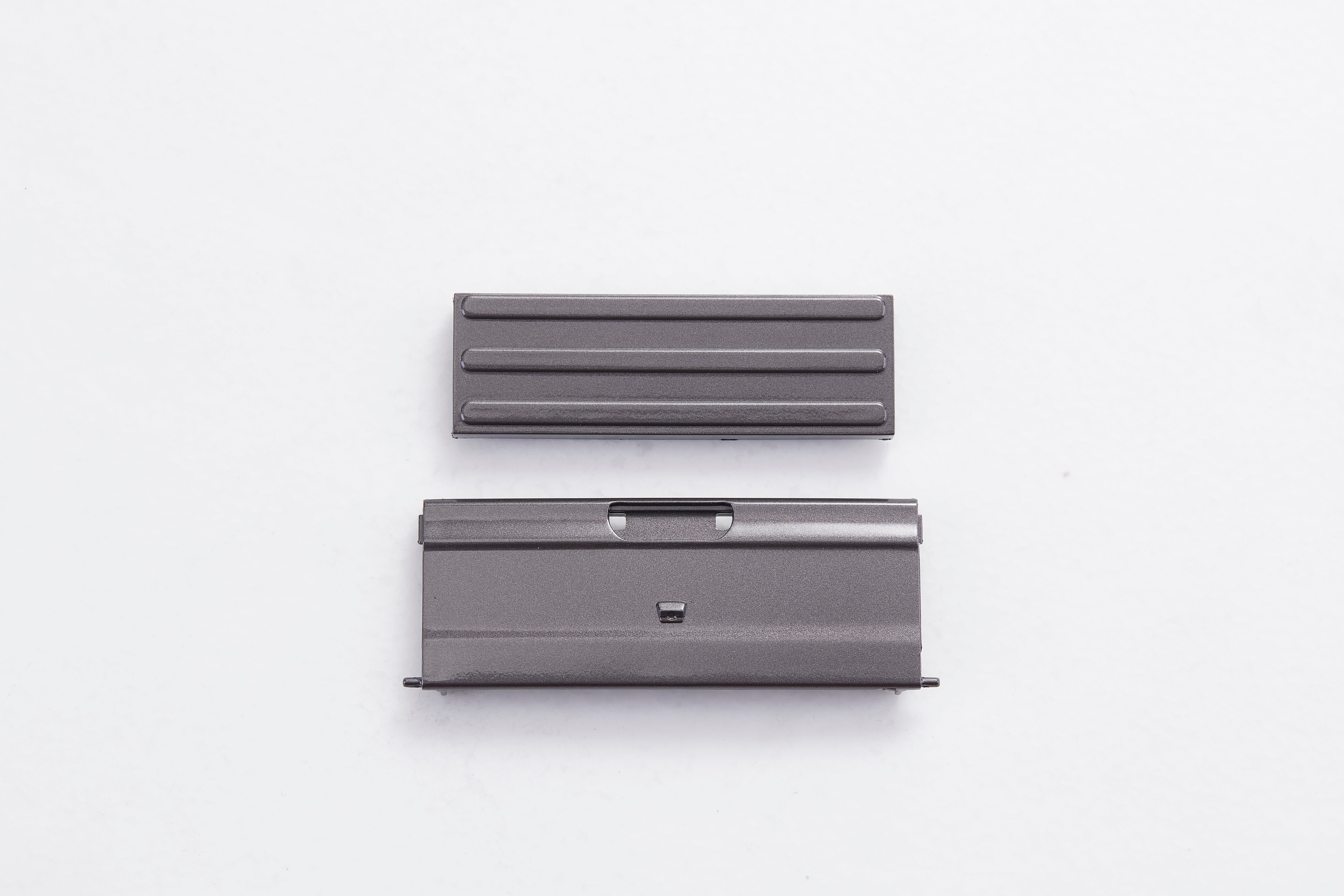 1/18 Cheyenne rear door components: metal, grooved panel, slotted base with latch.