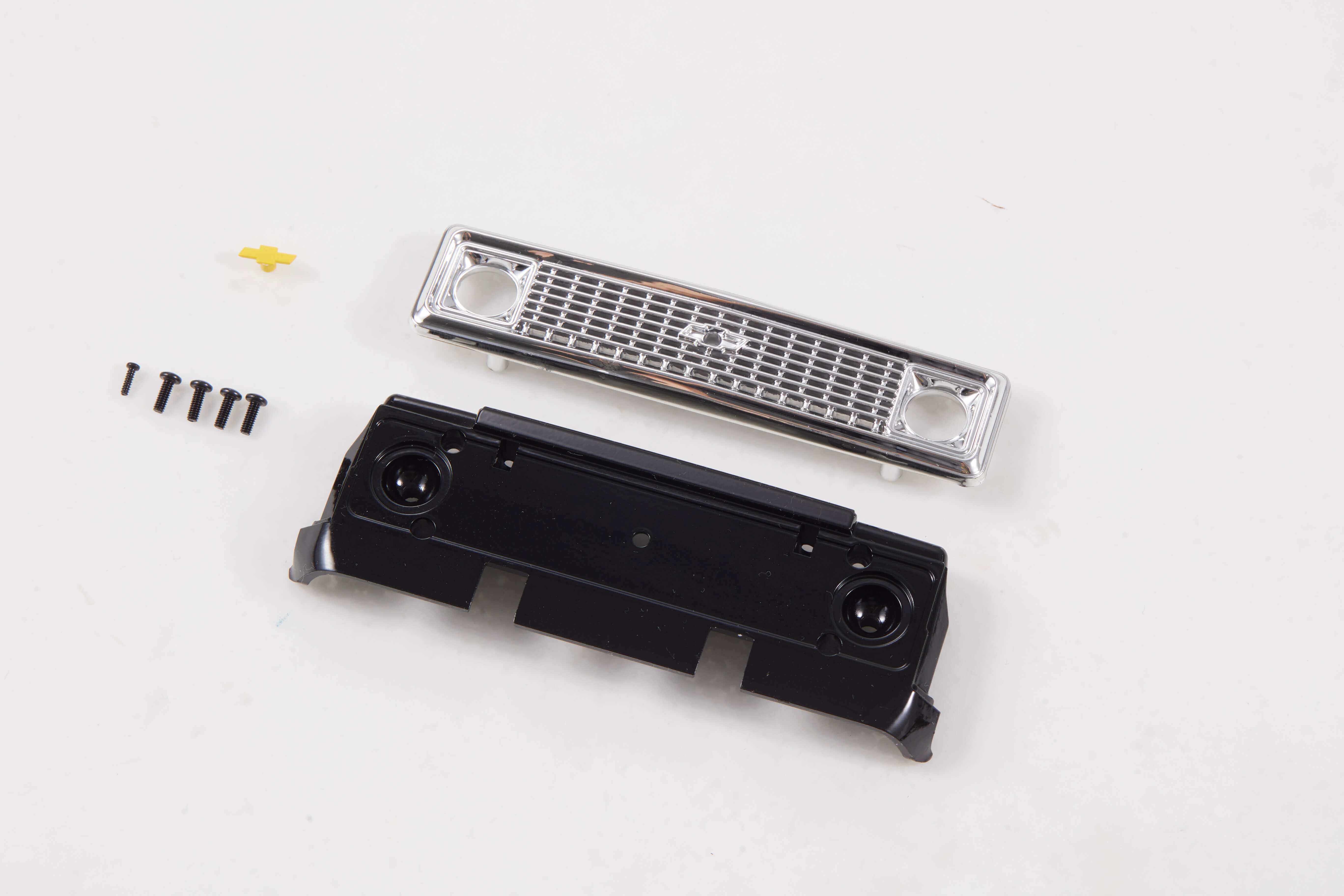 1:24 K5 Blazer front grille upgrade parts, black and chrome, with screws
