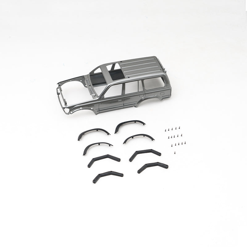 FCX18 LC80 Land Cruiser V2 body shell, gray, with fender flares and screws.