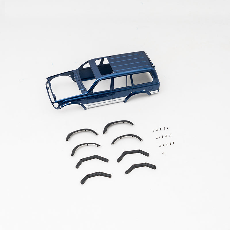 Blue metallic FCX18 LC80 Land Cruiser V2 body shell with separate fender flares.