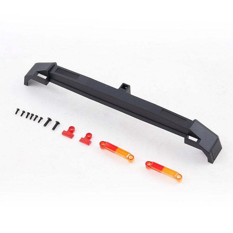FCX10 Discovery rear bumper set with black bumper, screws, red mounts, and orange/red lenses.