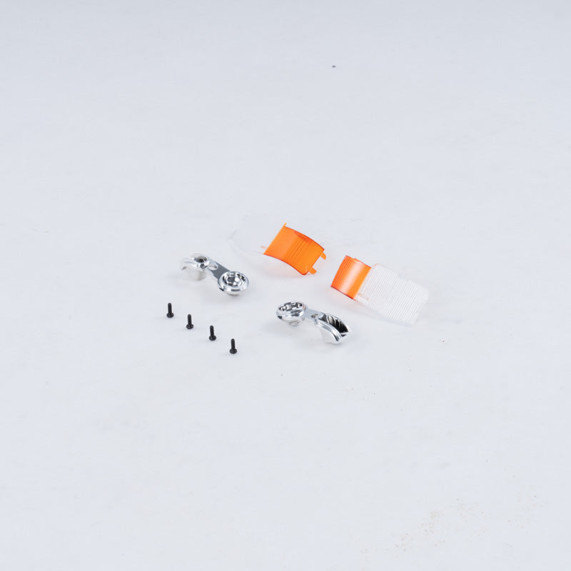 FCX10 Discovery front light set components: metallic mounts, orange lenses, screws.