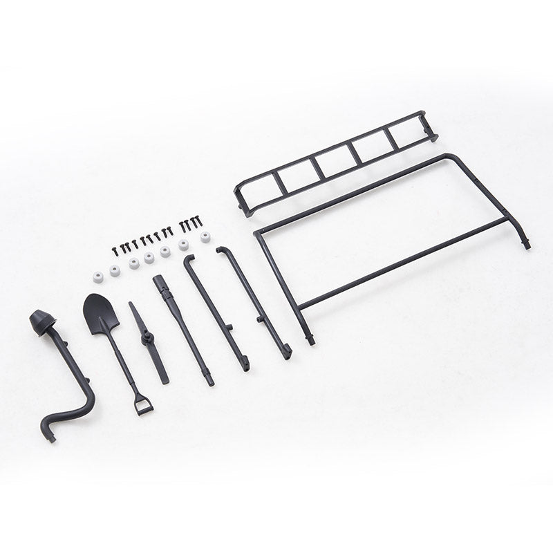 FCX10 Defender 110 wading throat, shovel, ladder rack, and hardware kit. Black plastic accessories.