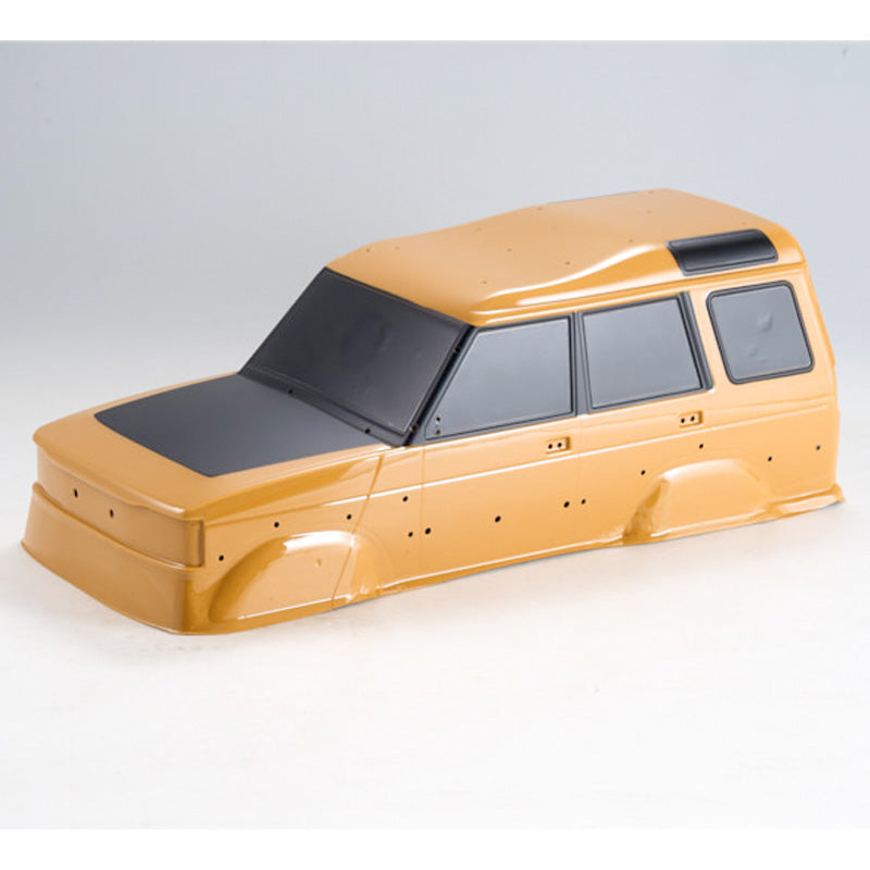 Yellow FCX10 Discovery painted RC car body with black hood and tinted windows