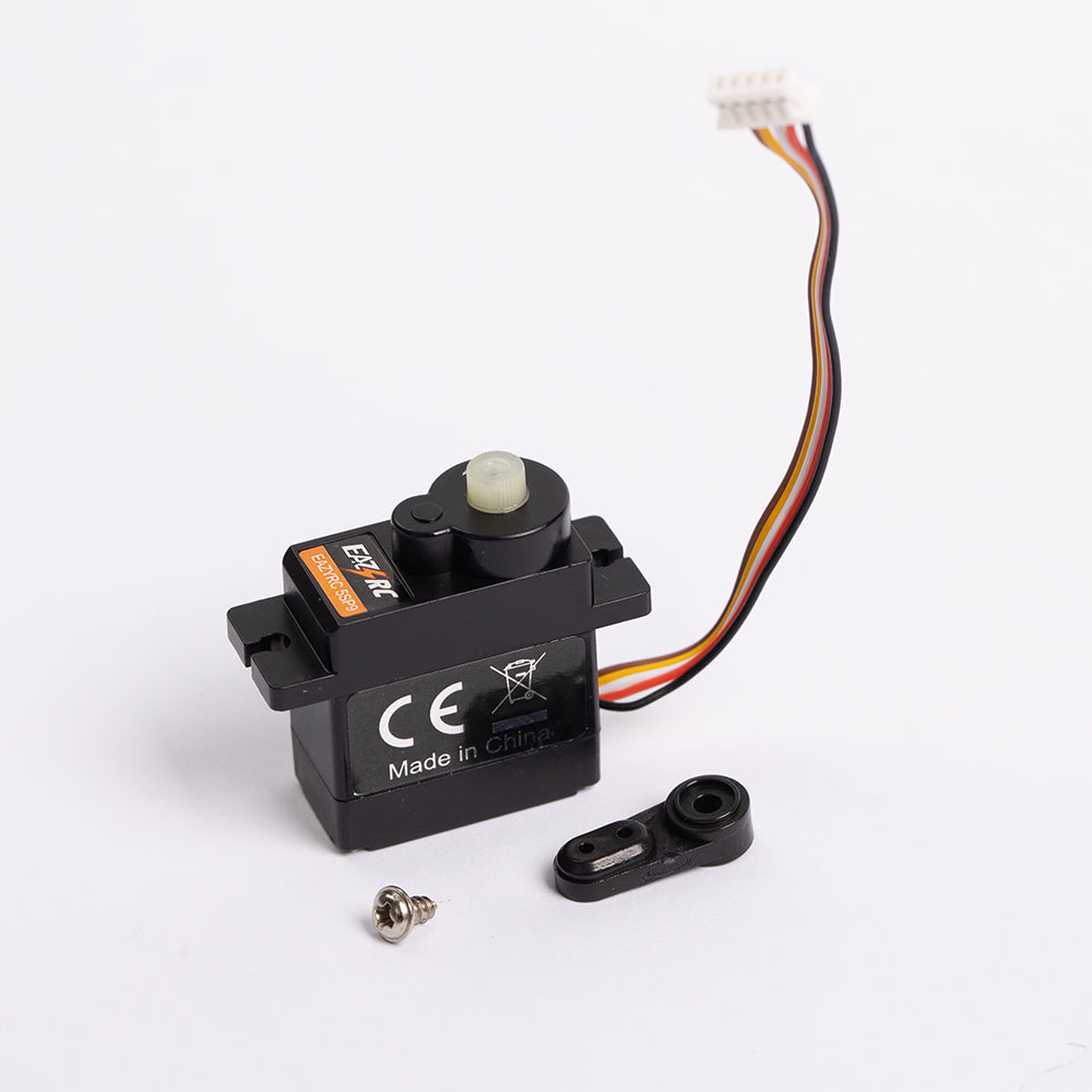 A black EAZYRC servo motor with wires, a screw, and a control horn, marked "Made in China".