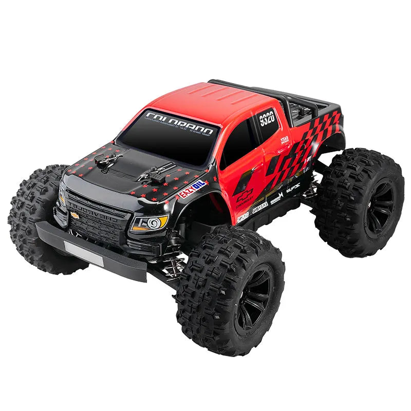 EAZYRC 1:18 Chevrolet Colorado RC truck in red and black with large off-road tires.
