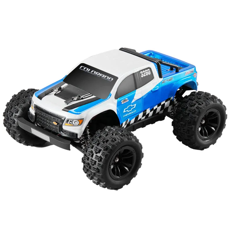 EAZYRC 1:18 Chevrolet Colorado off-road truck RTR brushless version in blue and white with large tires.