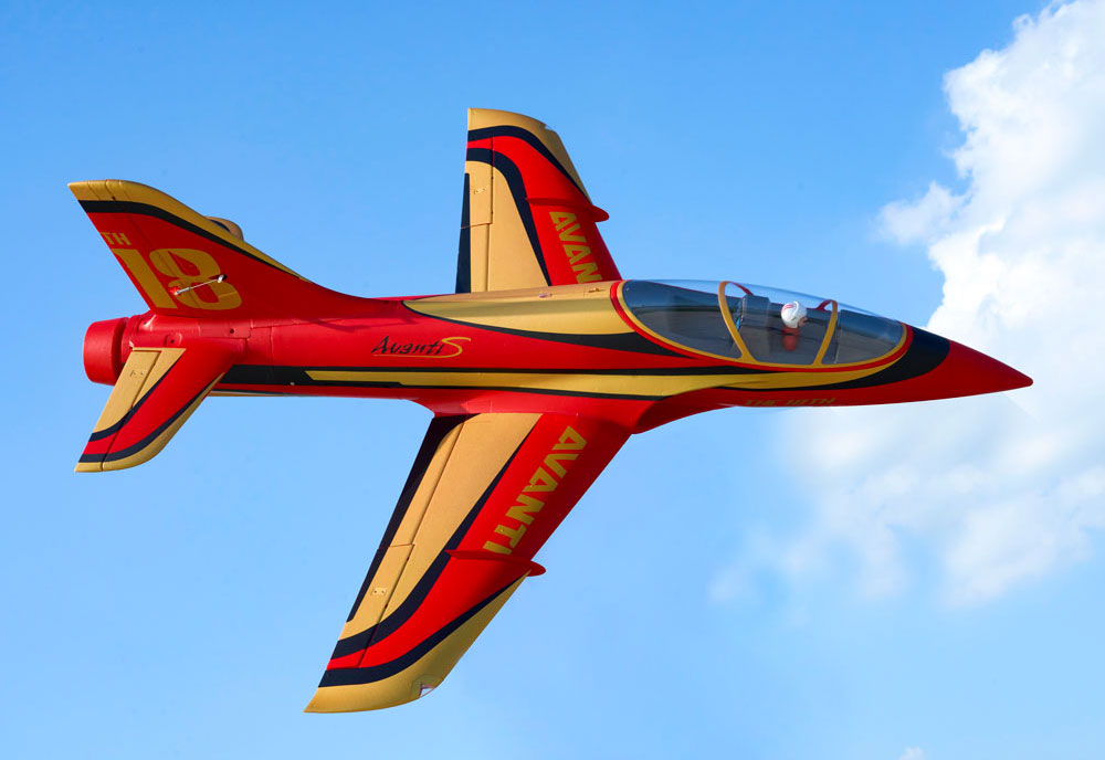 FMS Avanti S R/C sport jet performing an aerobatic flight in the sky.