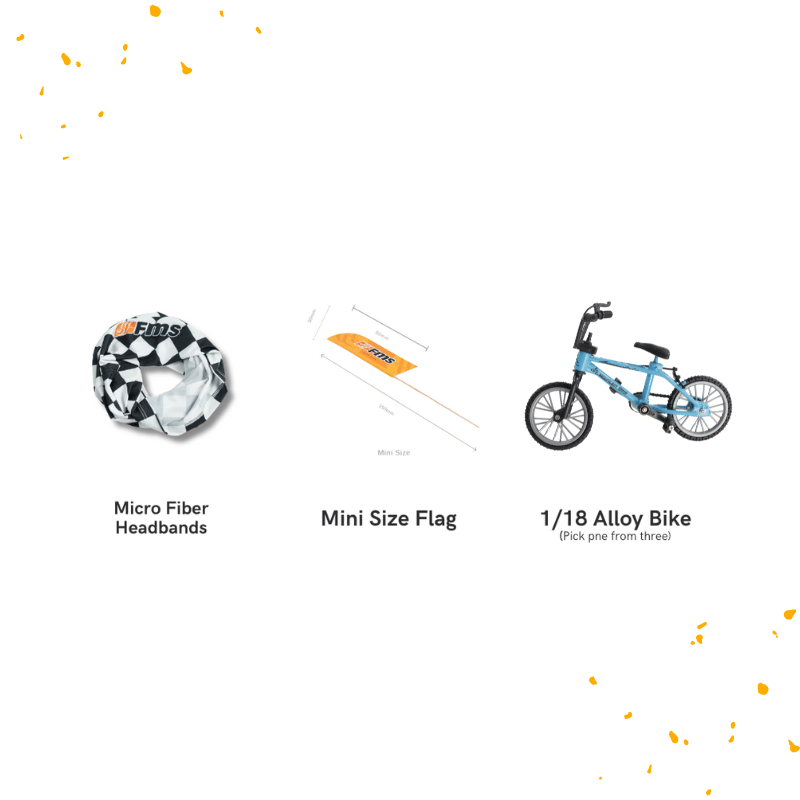 VIP Explorer's Bounty gifts: headbands, mini flag, and choice of 1/18 alloy bike.