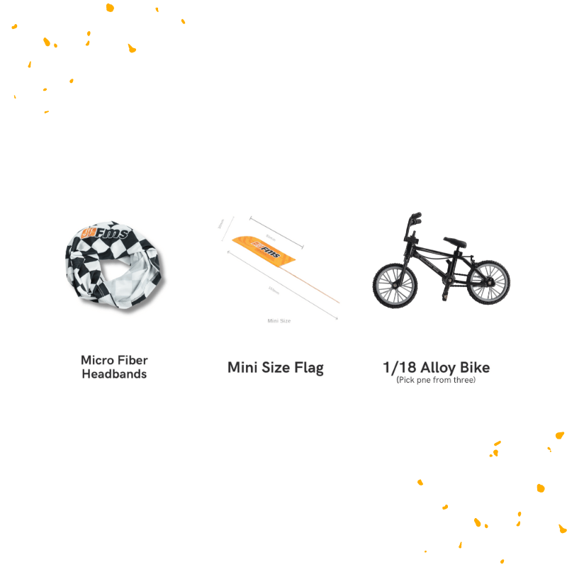 VIP Explorer's Bounty gifts: headbands, mini flag, and customizable 1/18 alloy bike.