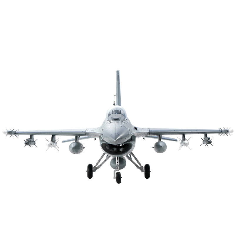 FMS 64mm EDF Jet F-16 Fighting Falcon PNP model in grey, with missiles and landing gear deployed.