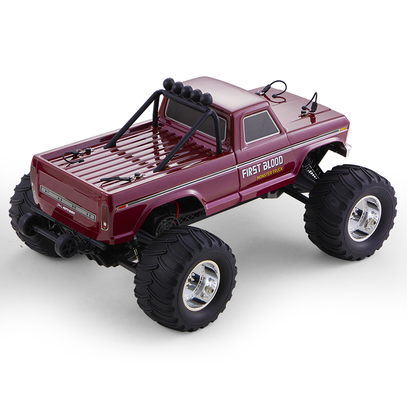 FMS 1:10 Ford F100 Monster Truck 2WD RTR in burgundy with "FIRST BLOOD" detailing and large tires.