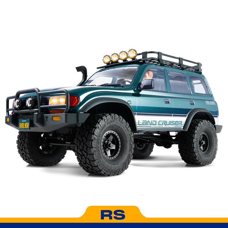 FMS 1:10 FCX10 OVR LC80 RS brushless RC crawler, green, detailed off-road replica.