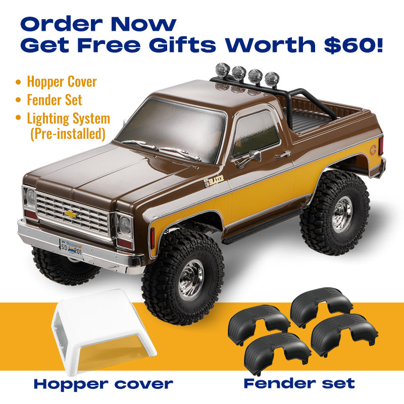 FMS 1:10 RC Chevrolet K5 Blazer RS with free gifts: hopper cover, fender set, and lighting.