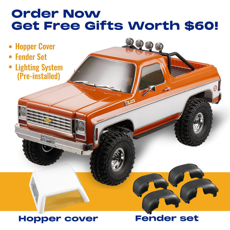 FMS 1:10 FCX10 Chevrolet K5 Blazer RS RC car with free gifts: hopper cover, fender set, and lighting system.