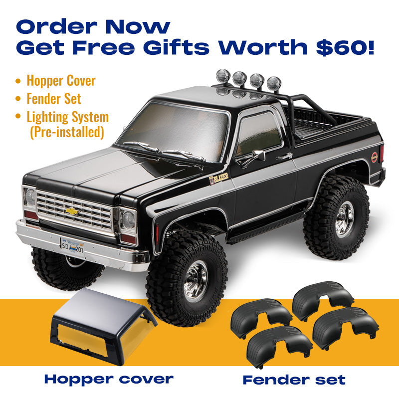 FMS 1:10 FCX10 Chevrolet K5 Blazer RS RC car with free gifts: hopper cover, fender set, and lighting system.