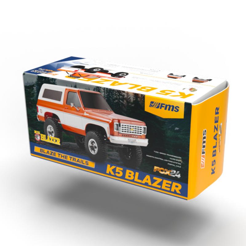 FMS 1:24 FCX24 Chevrolet K5 Blazer RTR RC car in orange and white on its product box, ready to blaze trails.