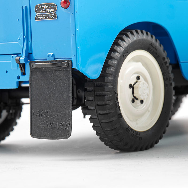 FMS 1:12 blue Land Rover Series II RTR model with detailed mud flap and off-road tire.