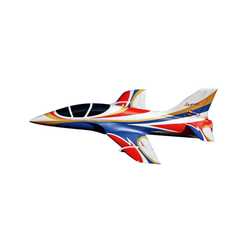 FMS Avanti V3 70mm EDF jet with red, white, and blue racing stripes