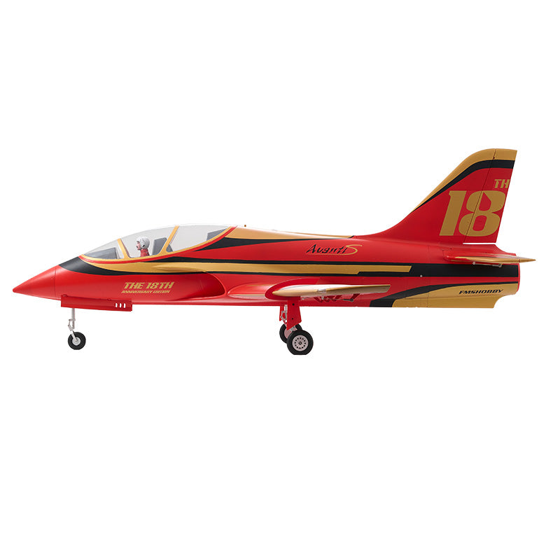 FMS 90mm Avanti 18th Anniversary Edition EDF Jet, red with gold accents and '18' on tail.