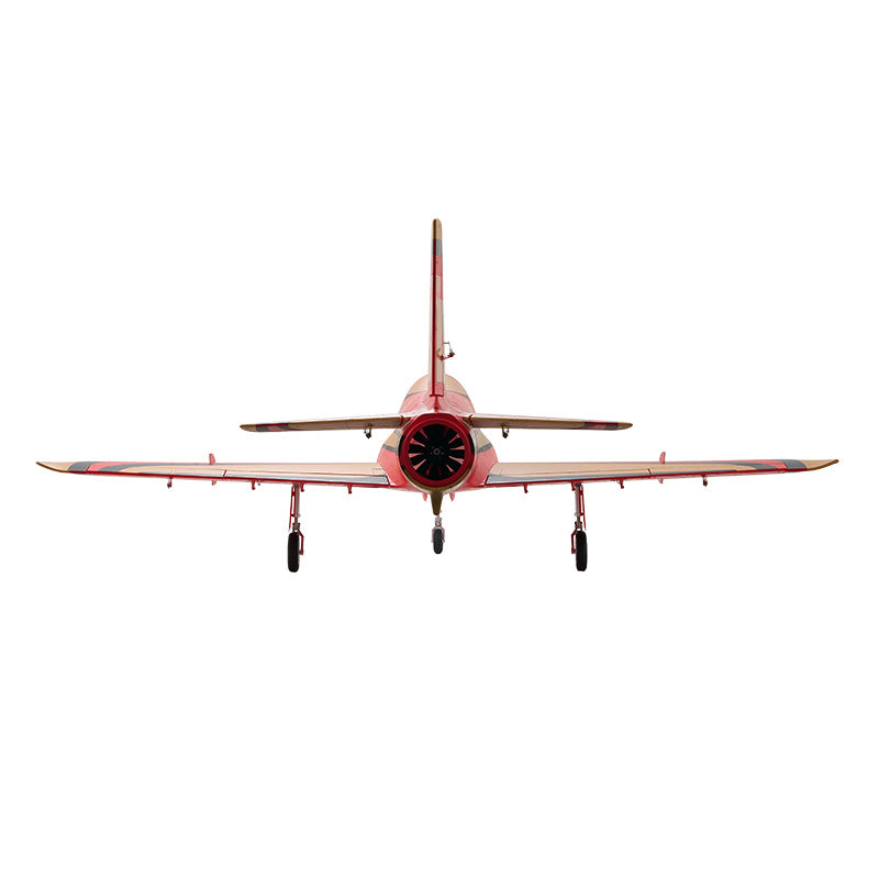 FMS EDF Jet 90mm Avanti 18th Anniversary Edition rear view, showing red and gold livery, ducted fan, and landing gear.