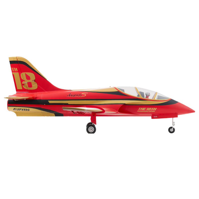 FMS 90mm Avanti EDF Jet 18th Anniversary Edition in red and gold with 'Avanti S' and 'The 18th Anniversary Edition' text.