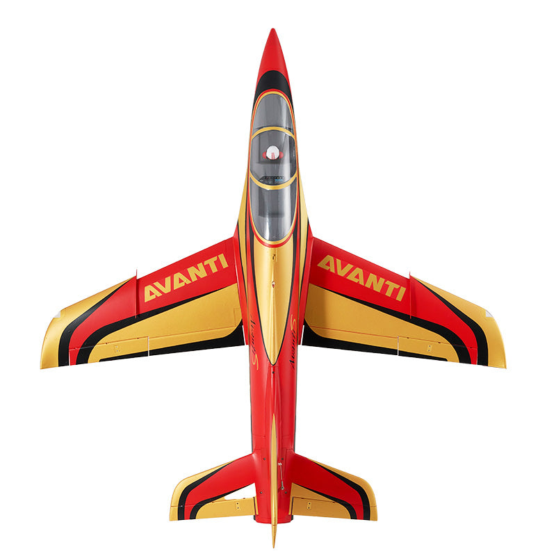 FMS Avanti 90mm EDF Jet PNP, red and gold with black accents, "AVANTI" text on wings.