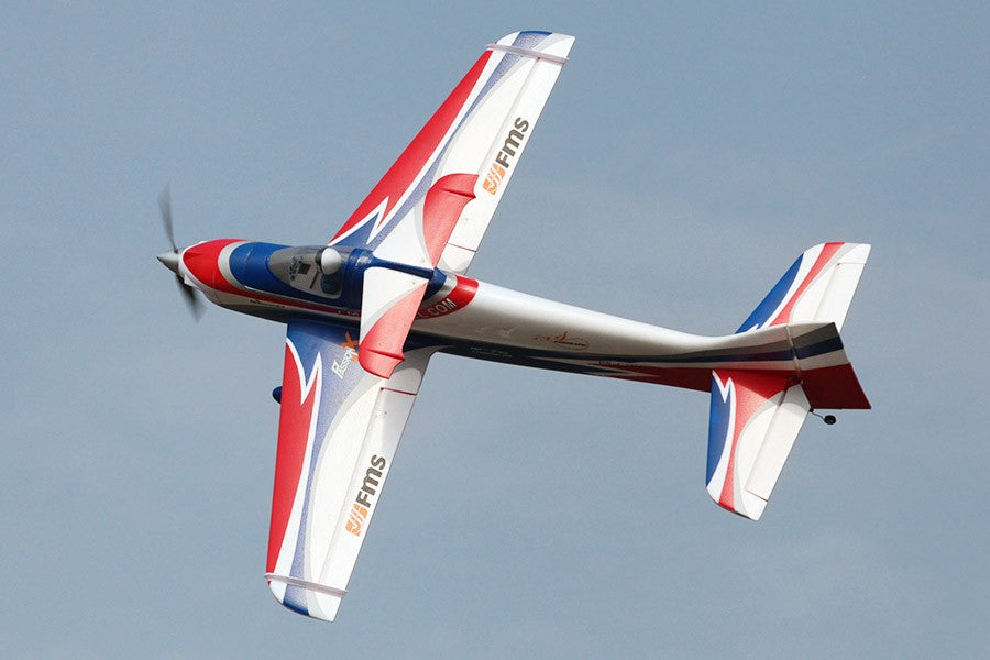 FMS 1400mm F3A Olympus PNP aerobatic RC airplane in flight with red and blue livery