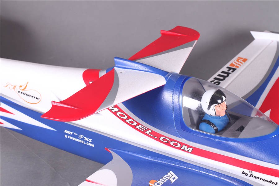 FMS 1400mm F3A Olympus PNP RC airplane with blue, white, and red livery and pilot figure.
