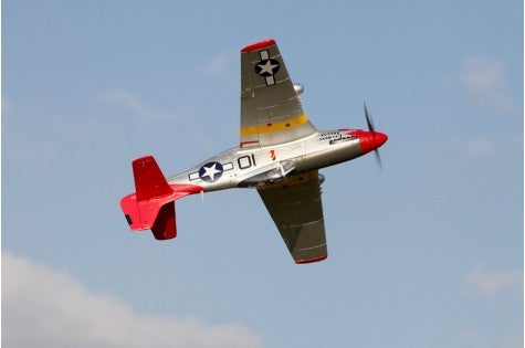 FMS 1450mm P-51D Red Tail V8 PNP RC warbird airplane in flight; silver, red tail, US star insignia, '01' markings.