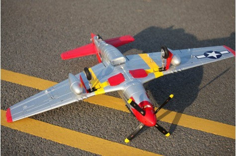 FMS 1450mm P-51D Red Tail V8 PNP RC airplane on asphalt with retractable landing gear.